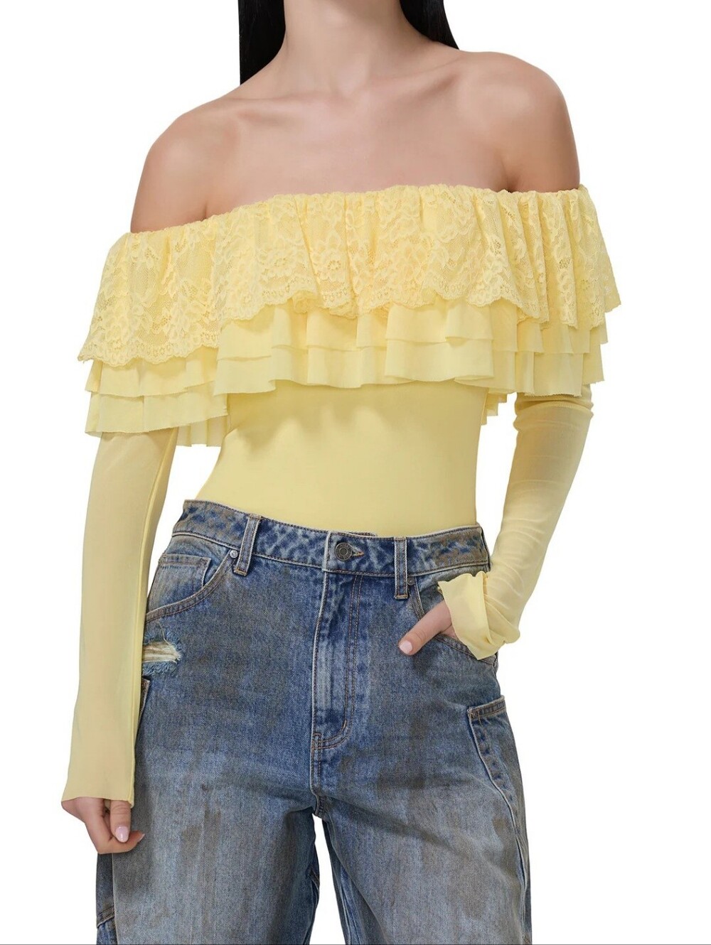 AFRM Yellow Off-Shoulder Ruffle Lace Bodysuit